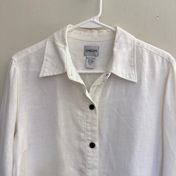 Chico's Women's LARGE Linen Button Front 3/4 Sleeve Shirt Summer Nautical White - Picture 2 of 11